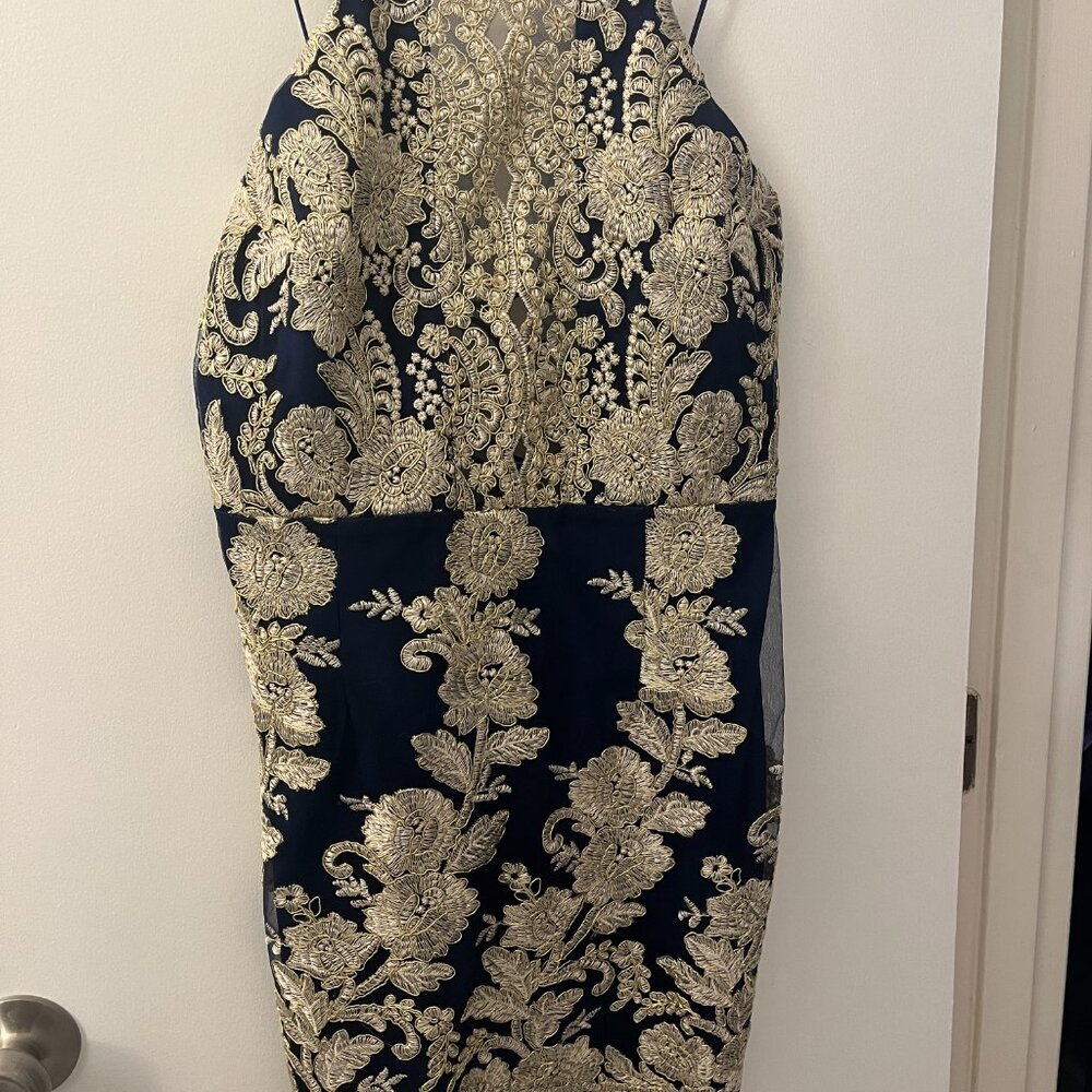Holiday Navy Blue Gold Baroque Dress, Backless, crisscross detail - MEDIUM 6/8